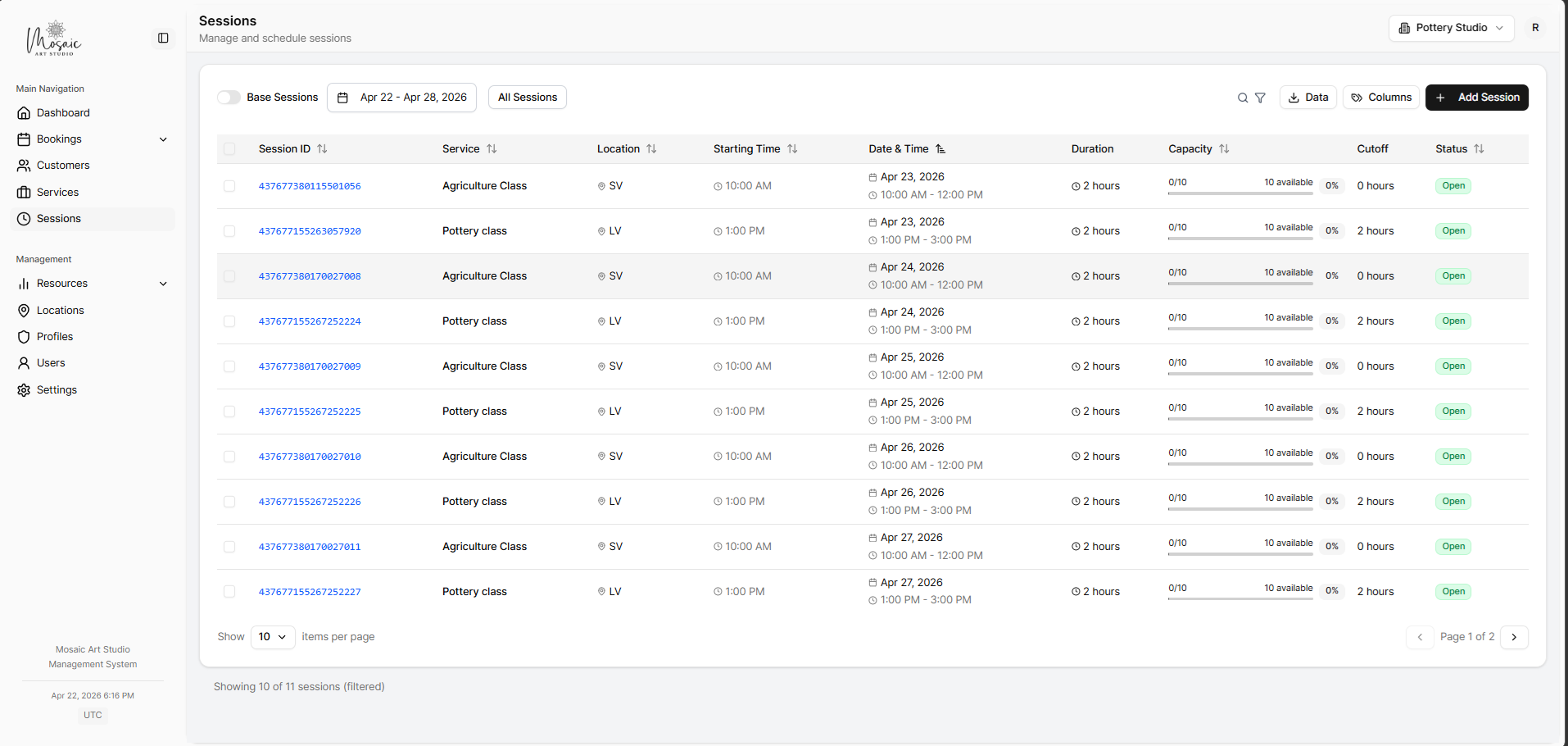 Sessions management page showing all scheduled sessions